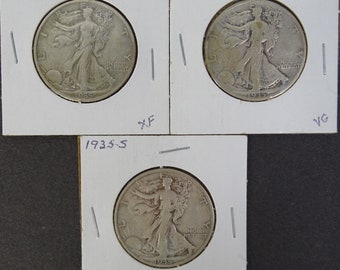 1935 P D S Walking Liberty Half Dollar, 1935D 1935S 1935P Vintage Coin Set, Lady Liberty, Philadelphia Denver San Francisco Mint