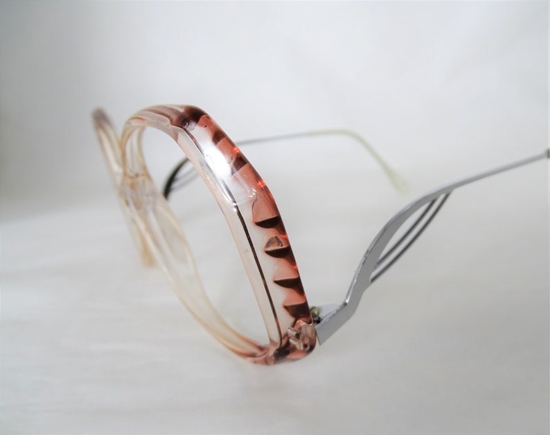 Big Pink Brown Vintage Eyeglasses, Two Tone Clear Glasses, Womens 1980's NOS Funky Silver Bent Drop Down Temple Arm Eyeglasses image 4