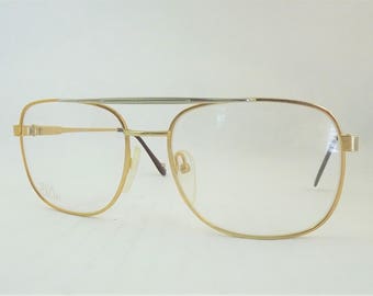 Men's Gold and Chrome Metal Silver Eyeglasses, Vintage 80's Square Aviator Glasses, Flexible Temple Arm Frames