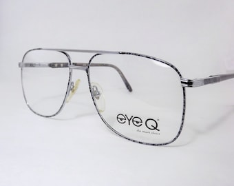 Big Square Metal Eyeglasses, Mens Silver and Black Tortoise Shell Vintage Aviator Frames, Double Bridge Glasses, Flexible Temple Arm, NOS