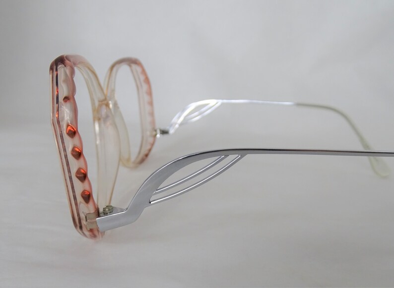 Big Pink Brown Vintage Eyeglasses, Two Tone Clear Glasses, Womens 1980's NOS Funky Silver Bent Drop Down Temple Arm Eyeglasses image 3
