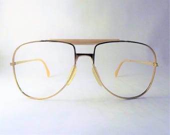 Mens Vintage 1980's Big Metal Aviator Eyeglasses, Lightweight Gold Glasses, Double Bridge Frame, Zeiss Competition West Germany