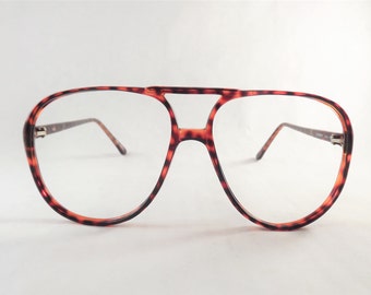 Vintage Men's Big Aviator Eyeglasses, Red Tortoise Shell NOS Glasses, 80s New Old Stock Frames