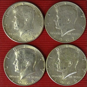 Kennedy Half Dollar Coin, Set of 4 1960&#39;s Silver coins, 1964 1967 1968D 1969D JFK Circulated, Philadelphia Mint, Denver Mint