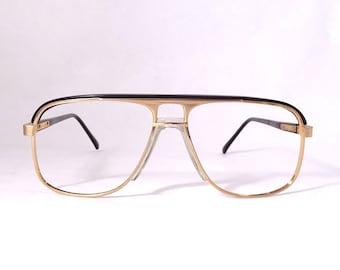 Mens Square Gold Glasses, Gold Metal Aviator Eyeglasses, Plastic Nose Piece Glasses, Double Fixed Bridge Eyeglasses, Made in Japan