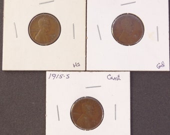 Lincoln Penny Wheat Cent, 1913S, 1914S, 1915S Pennies, Lot Set of 3 Coins, Collectible Coin, San Francisco Mint