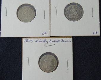 Set of 3 1883 1886 1889 Seated Liberty Silver Dime, Vintage 1880's Coin Philadelphia Mint