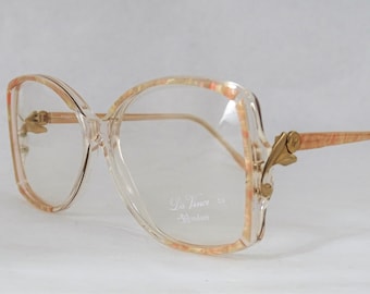 Vintage 80's Big Clear Pink Multicolor Eyeglasses, Women's Large Glasses, Marbled Swirled Salmon Peach and Gold Plastic Frame, Made in Italy