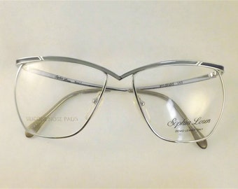 Women's Vintage 70's Blue and Silver Thin Metal Browline Eyeglasses, Light Weight Glasses Frames, Modern 1970s' Sophia Loren