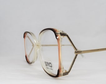 Big Vintage Glasses, Womens Mod Clear Eyeglasses, Brown See Through Eyeglasses, 80s Oversized Gold Metal Frames