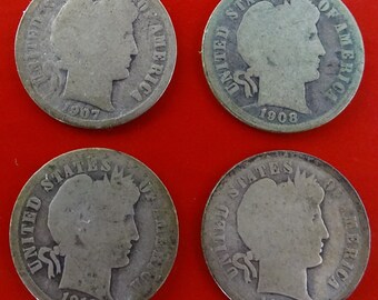 Set of 4 1907O 1908D 1910D 1914D Barber Dimes, Old US Coins, Denver Mint