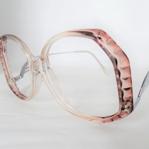 Big Pink Brown Vintage Eyeglasses, Two Tone Clear Glasses, Womens 1980's NOS Funky Silver Bent Drop Down Temple Arm Eyeglasses image 1