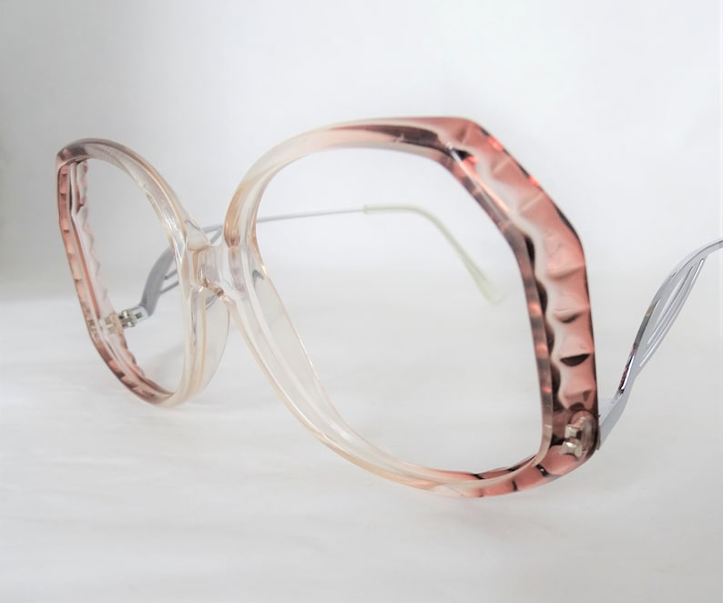 Big Pink Brown Vintage Eyeglasses, Two Tone Clear Glasses, Womens 1980's NOS Funky Silver Bent Drop Down Temple Arm Eyeglasses image 1