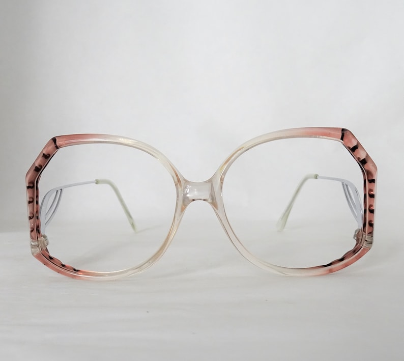 Big Pink Brown Vintage Eyeglasses, Two Tone Clear Glasses, Womens 1980's NOS Funky Silver Bent Drop Down Temple Arm Eyeglasses image 2