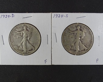 Set of 2 Vintage Coins 1934D 1934S Walking Liberty Half Dollar Denver San Francisco Mint