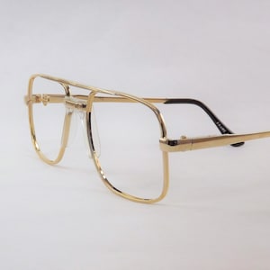 Mens Square Gold Glasses, Gold Metal Aviator Eyeglasses, Plastic Nose Piece Glasses, Spring Hinge Frame, Double Fixed Bridge Eyeglasses
