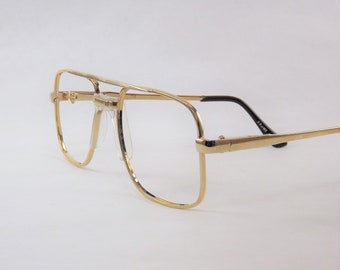 Vintage 80s Gold Metal Aviator Eyeglasses, Square Frame, Spring Hinge