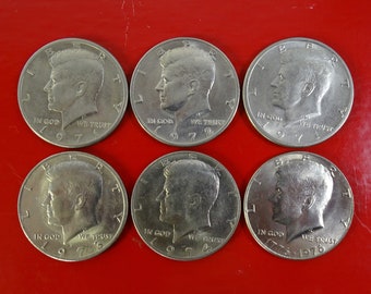 Set of 6 Kennedy JFK Half Dollar Coin, 1970s Circulated Coins, 1971 1971d 1972 1973d 1974 1976 Bicentennial