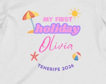 Gepersonaliseerde kinder-T-shirt My First Holiday, aangepast zomervakantieshirt, T-shirt familievakantie Tenerife 2026, top meisjes strandreis