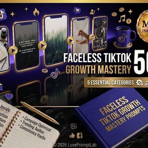 Può includere: Una guida di marketing digitale intitolata Faceless TikTok Growth Mastery con oltre 50 prompt, un taccuino blu con testo dorato, un'agenda a spirale con selezione di nicchia e struttura video, e icone di strategie di crescita social.
