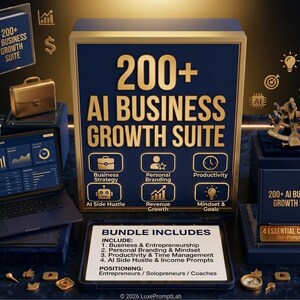 Könnte beinhalten: Eine große dunkelblaue Box mit goldenem Text 200+ AI BUSINESS GROWTH SUITE, umgeben von einem Laptop mit Geschäftsanalysen, einem Tablet mit Inhaltsangaben, goldenen Symbolen, Schachfiguren und einem Sextanten auf dunklem Grund.