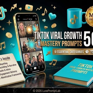 Op de afbeelding: Een digitale productset met een smartphone die een TikTok-feed toont, een spiraalblok met de titel What's Inside en een blauwgroen boek getiteld TikTok Viral Growth Mastery Prompts, inclusief een bijpassende mok en een gouden MRR Included-zegel.