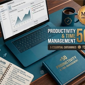 Pode incluir: Um laptop azul-petróleo exibe um painel de produtividade, ao lado de uma caneca azul-petróleo com um design de bússola. Um caderno e um livro intitulado "+50 Produtividade e Gerenciamento de Tempo" também estão presentes. A imagem inclui o texto "Produtividade e Gerenciamento de Tempo 50+ 5 Categorias Essenciais".