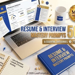 Op de afbeelding: Een laptop met een ATS-cv-dashboard, een blauw boek getiteld Resume & Interview Mastery Prompts, een witte mok met een aktetas-icoon en een spiraalnotitieblok met onderwerpen over cv-schrijven, sollicitatiebrieven en interviewvoorbereiding.