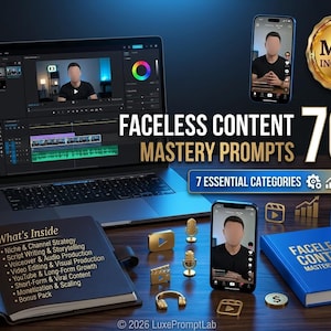 Op de afbeelding: Een digitaal productpakket getiteld Faceless Content Mastery Prompts 70+ met een laptop met videobewerkingssoftware, twee smartphones met video-interfaces, een blauw boek, een notitieboek en gouden iconen waaronder een afspeelknop.