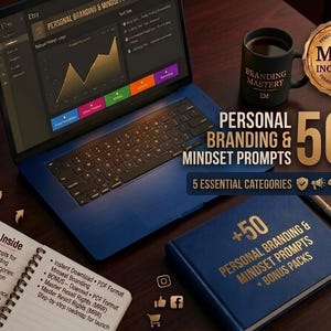 May include: A blue laptop displays a graph and the Etsy logo. A mug with "Branding Mastery" sits next to a book and notebook with the text "Personal Branding & Mindset Prompts". The image includes the text "50+" and "5 Essential Categories".