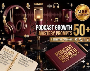 Podcast Essential Prompts | 50+ ChatGPT Prompts, Podcast Starter Kit for Growth | Promotion | Media Kit, Guide & Monetization"