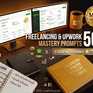 May include: A digital product display featuring two computer monitors showing Upwork dashboards, a yellow mug, a yellow notebook with the text Freelancing & Upwork Mastery Prompts, and an open spiral notebook with the text What's Inside.