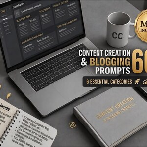 Pode incluir: Um laptop, caneca, caderno e caneta estão dispostos em uma superfície cinza. O laptop exibe um painel do Etsy. A caneca tem "CC" escrito. O caderno e o texto da imagem dizem "Content Creation & Blogging Prompts". Um selo dourado diz "MRR Included".