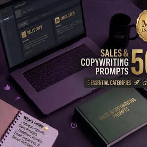 Pode incluir: Um laptop, um bloco de notas e um livro intitulado "SALES & COPYWRITING PROMPTS" estão dispostos sobre uma superfície escura. A imagem inclui o texto "SALES & COPYWRITING PROMPTS 50+" e "MRR INCLUDED".