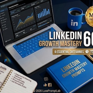 May include: A laptop displaying LinkedIn analytics, a blue mug with the LinkedIn logo, a gold MRR INCLUDED seal, and a blue book titled LINKEDIN GROWTH MASTERY PROMPTS. A notebook lists content categories including profile optimization and lead generation.