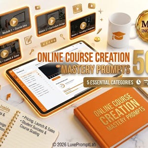 Puede incluir: Una tableta digital que muestra un panel de curso en línea, un cuaderno naranja titulado Online Course Creation Mastery Prompts, una taza blanca con un icono de birrete y una insignia dorada MRR INCLUDED. Iconos de video flotantes muestran módulos.
