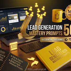 May include: A digital product bundle featuring a laptop displaying lead generation analytics, a yellow mug, a gold MRR badge, and a yellow book titled Lead Generation Mastery Prompts. Includes icons, a spiral notebook with text, and 50+ text.