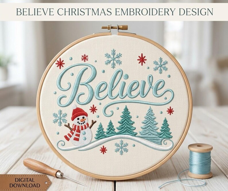 Believe Christmas Embroidery Design, Snowman Winter PES File, Christmas ...