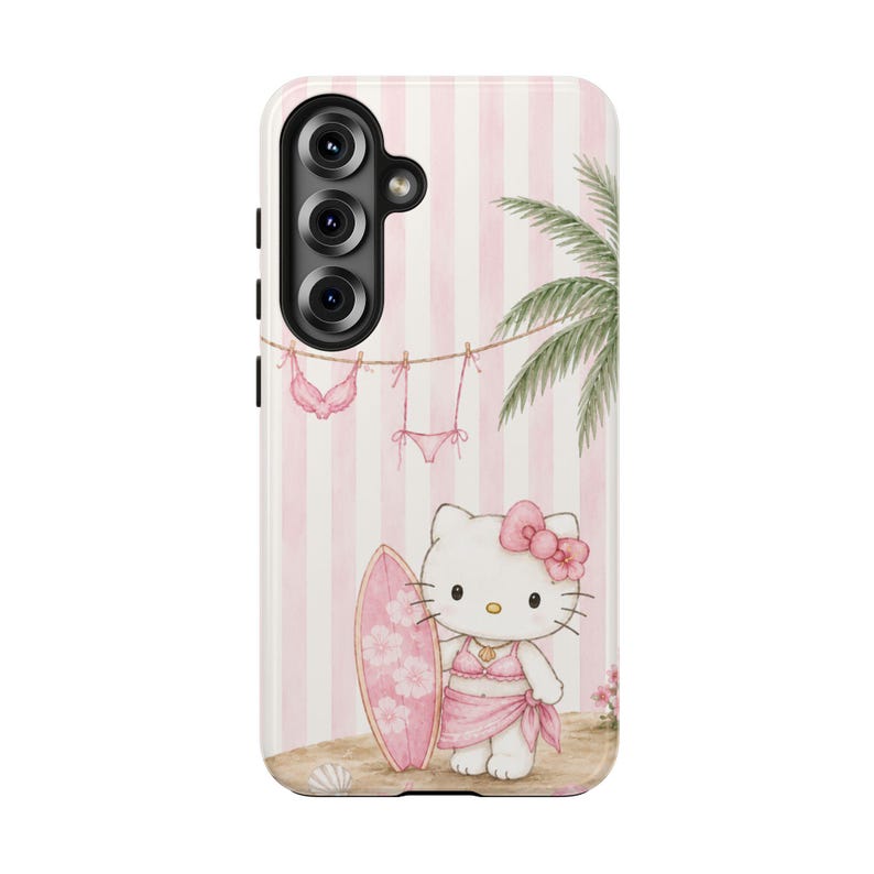 Funda para móvil con forma de tabla de surf de Hello Kitty / Gato playero adorable, rayas rosas imagen 10