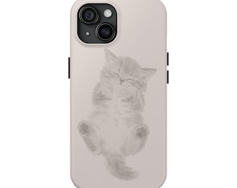 Funda para teléfono con diseño de gatito durmiendo / Ilustración de gato en escala de grises, funda protectora resistente.