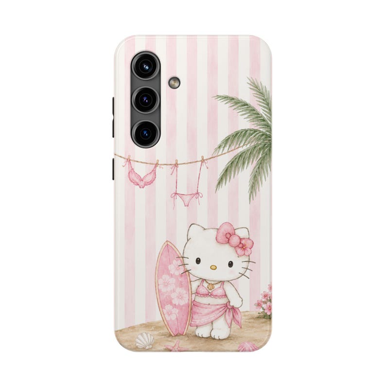 Funda para móvil con forma de tabla de surf de Hello Kitty / Gato playero adorable, rayas rosas imagen 11