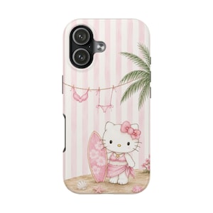 Funda para móvil con forma de tabla de surf de Hello Kitty / Gato playero adorable, rayas rosas imagen 8