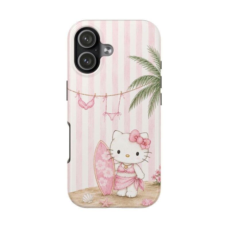 Funda para móvil con forma de tabla de surf de Hello Kitty / Gato playero adorable, rayas rosas imagen 8
