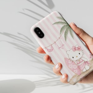 Funda para móvil con forma de tabla de surf de Hello Kitty / Gato playero adorable, rayas rosas imagen 2