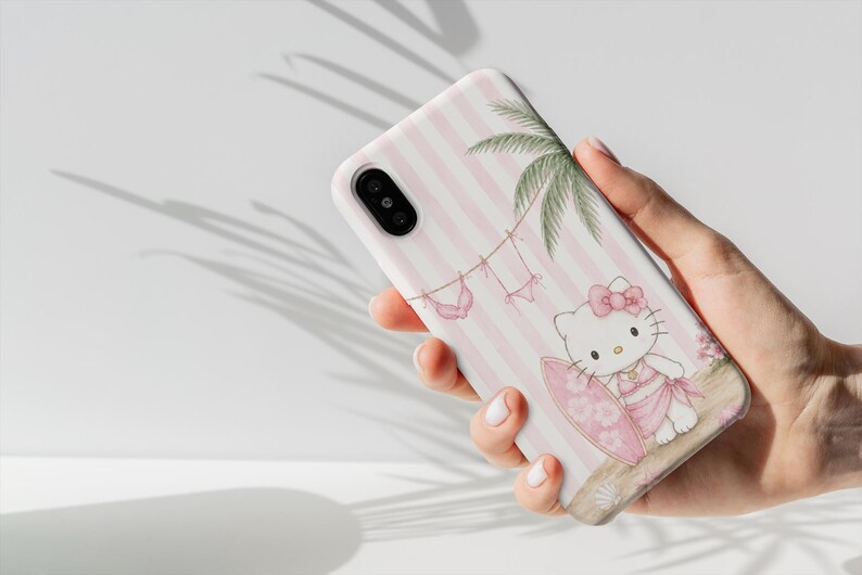 Funda para móvil con forma de tabla de surf de Hello Kitty / Gato playero adorable, rayas rosas imagen 2
