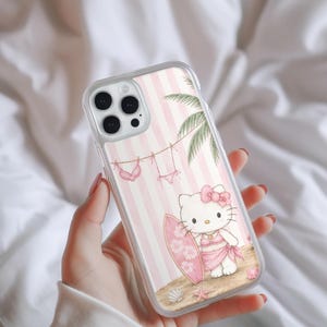Funda para móvil con forma de tabla de surf de Hello Kitty / Gato playero adorable, rayas rosas imagen 5