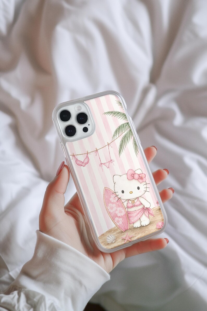 Funda para móvil con forma de tabla de surf de Hello Kitty / Gato playero adorable, rayas rosas imagen 5