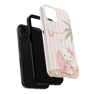 Funda para móvil con forma de tabla de surf de Hello Kitty / Gato playero adorable, rayas rosas imagen 4