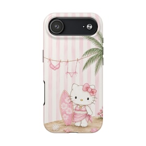 Funda para móvil con forma de tabla de surf de Hello Kitty / Gato playero adorable, rayas rosas imagen 7