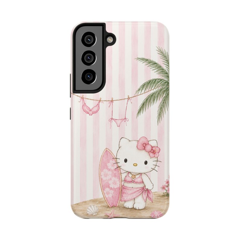 Funda para móvil con forma de tabla de surf de Hello Kitty / Gato playero adorable, rayas rosas imagen 12